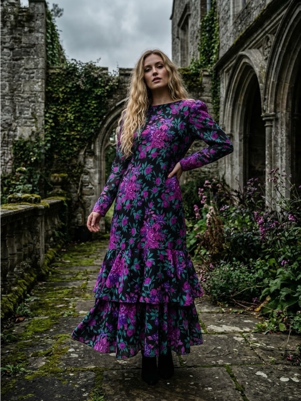 |VTG| ANTHONY RICHARDS 80s Floral Tiered Ruffle Whimsigoth Maxi Dress Size 20